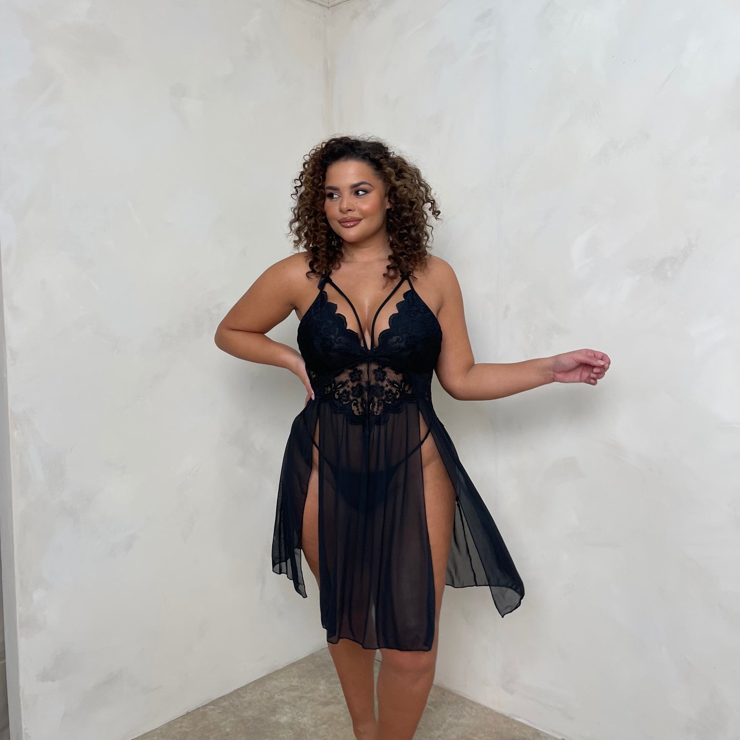 Alexia Split Thigh Lace Babydoll with Thong