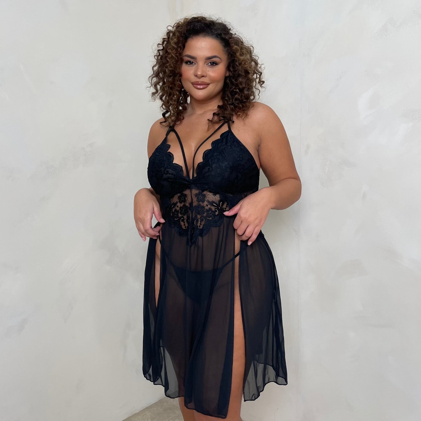 Alexia Split Thigh Lace Babydoll with Thong