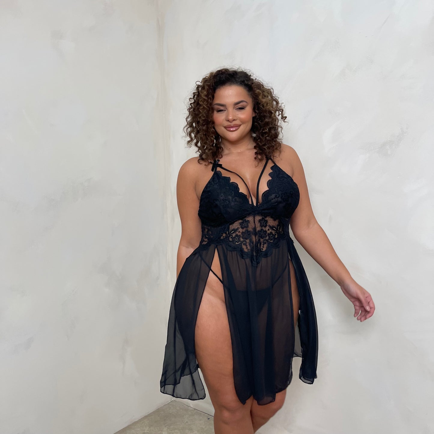 Alexia Split Thigh Lace Babydoll with Thong