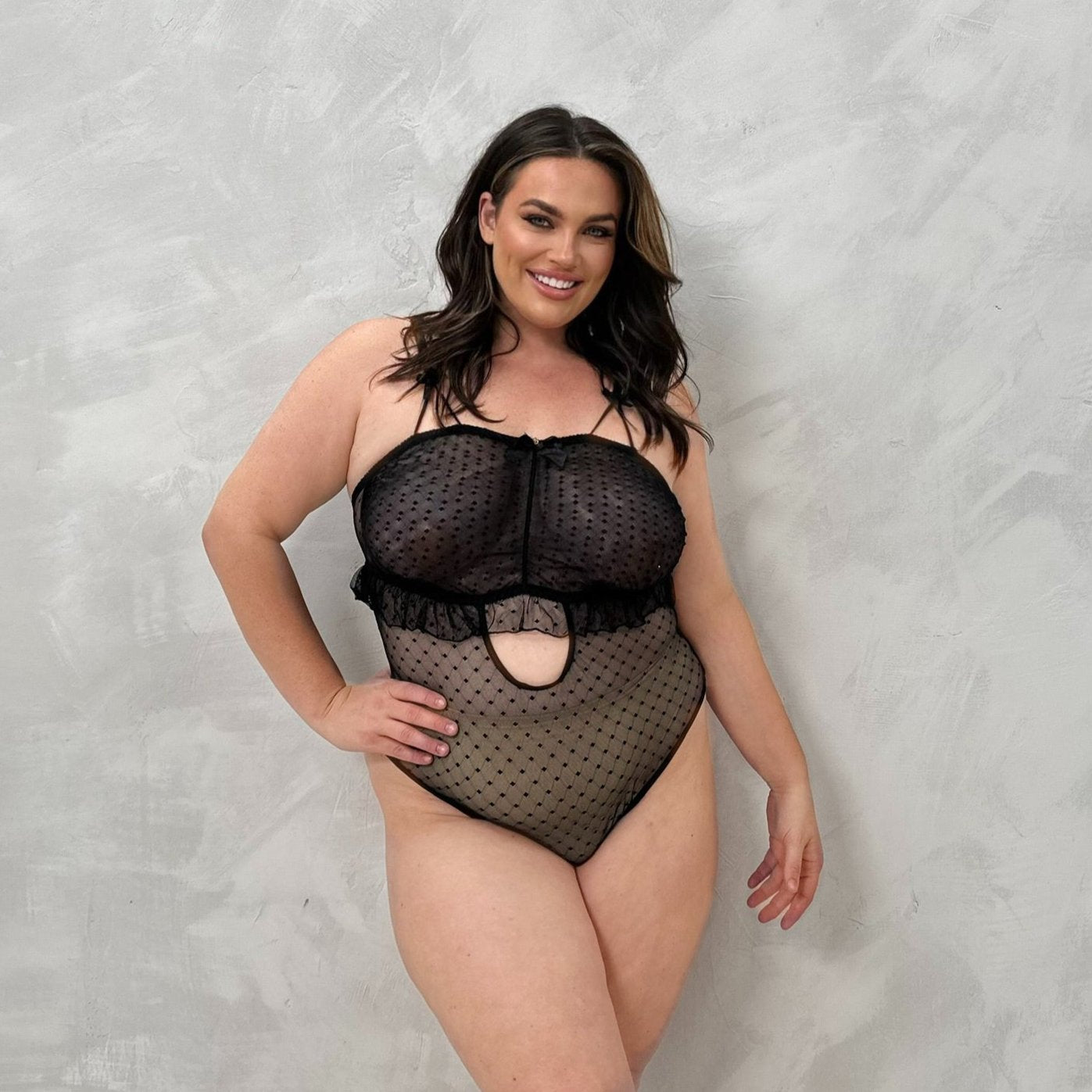 Dana Sheer Polkadot Ruffle Bodysuit