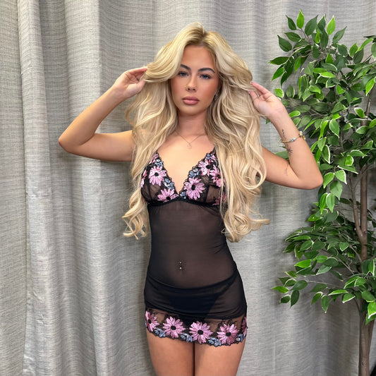 Edith Sheer Baby doll Set with Embroidered Floral Detailing