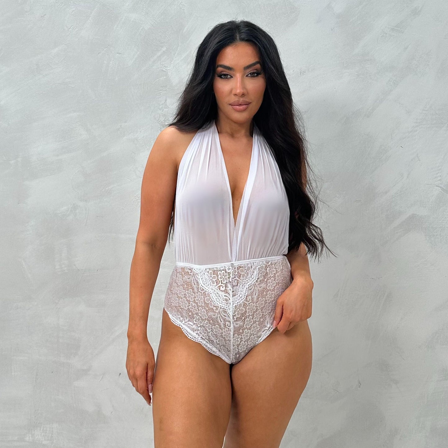 Makayla Plunge Halter-neck Sheer Body