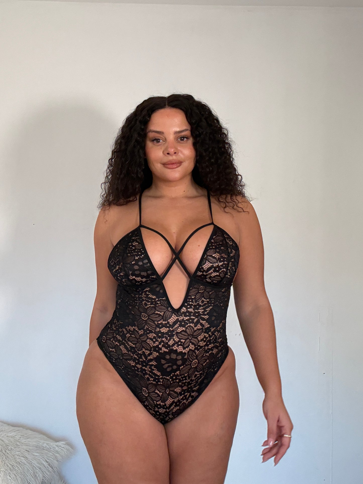 Ruth Cross Front Lace Thong Bodysuit