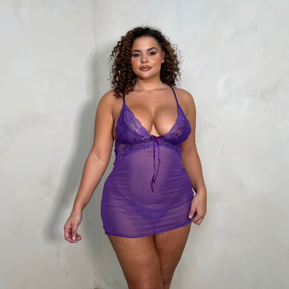 Violet Sheer Lace Trim Nightdress & Matching Thong