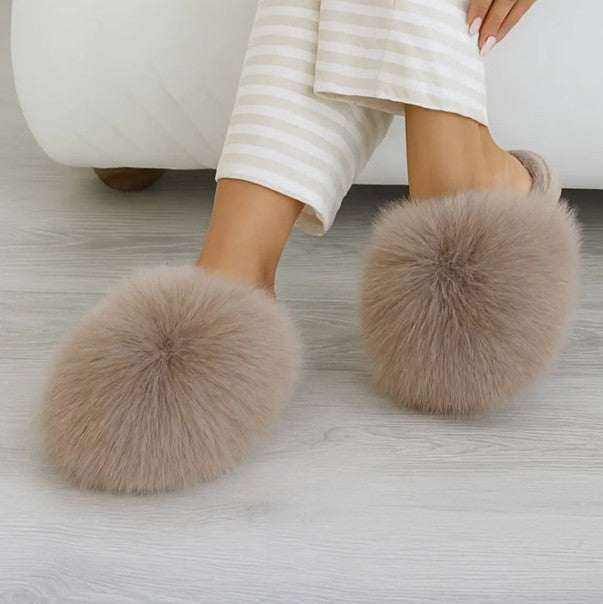 freak geek fluffy slippers coffee coloured with neutral background