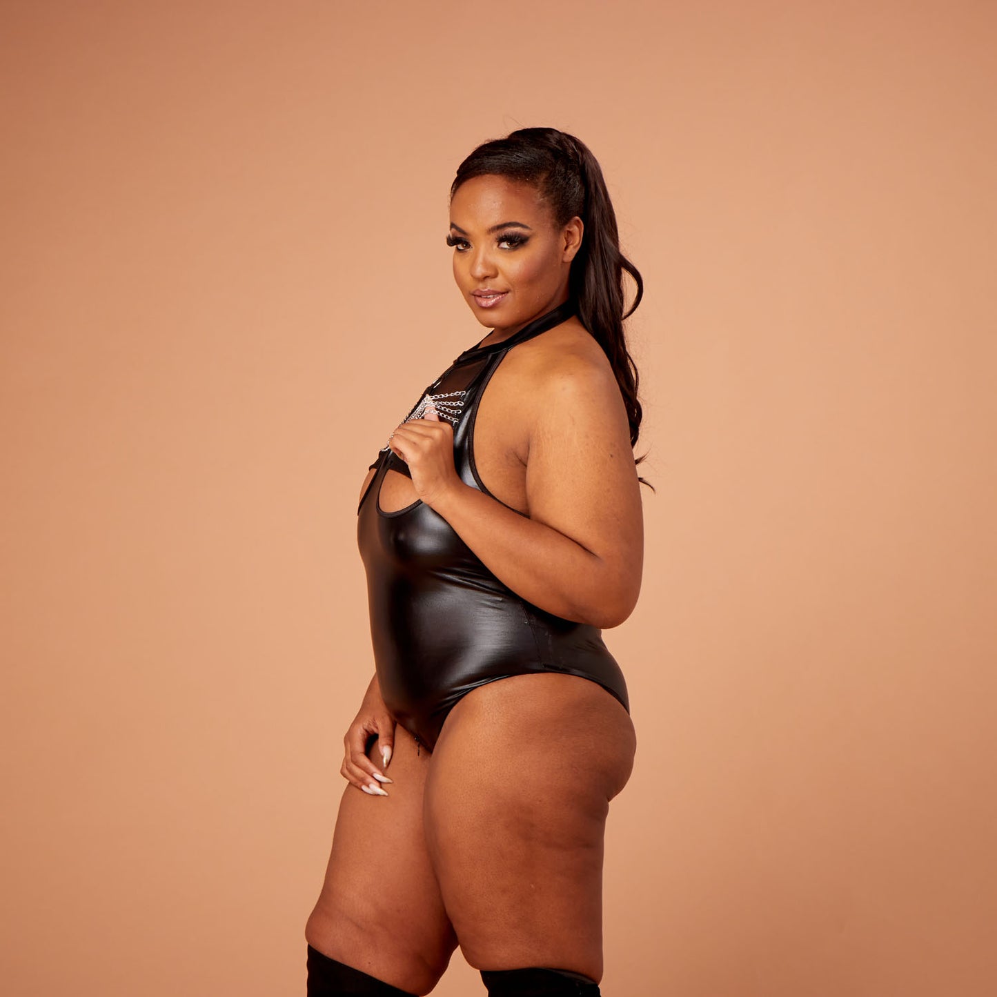 Jayla Soft PVC Peep Thong Body with Chain Detail